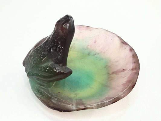 Daum France Pate de Verre frog on lily pad sculpture green amber signed A773