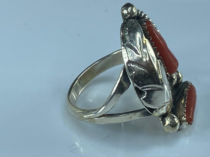 Native American sterling Coral Feather ring with accent