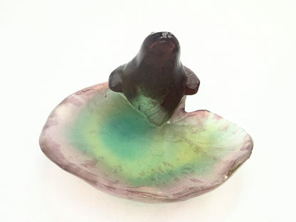 Daum France Pate de Verre frog on lily pad sculpture green amber signed A773