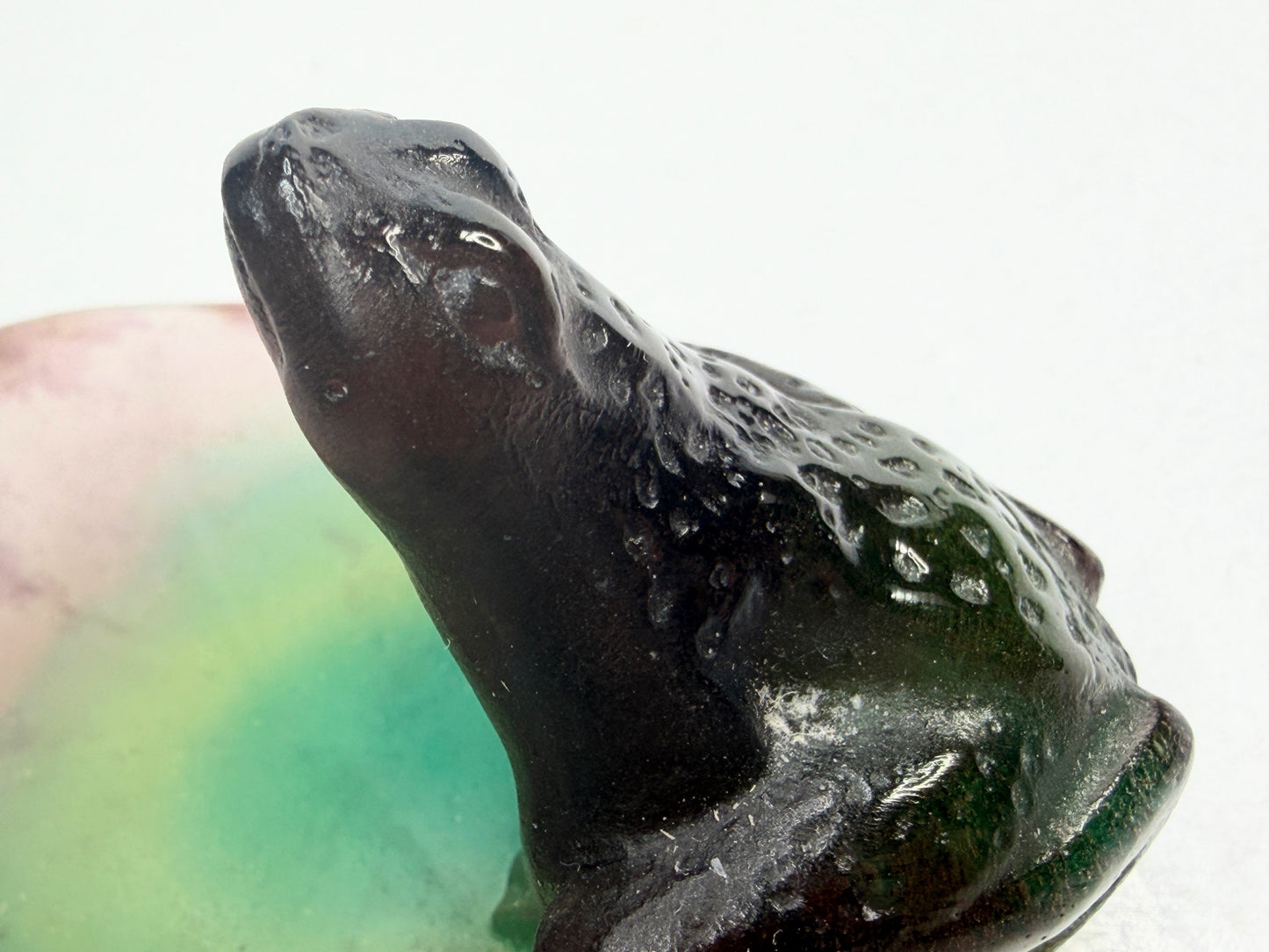 Daum France Pate de Verre frog on lily pad sculpture green amber signed A773