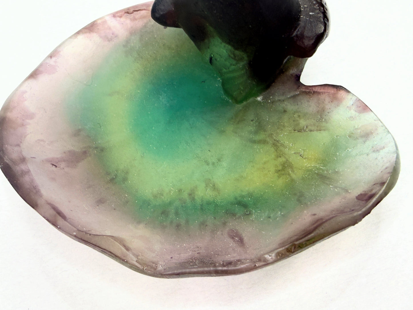 Daum France Pate de Verre frog on lily pad sculpture green amber signed A773