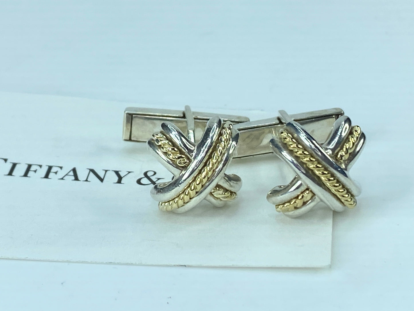 Tiffany & Co Mens X Signature Cufflinks 18k Yellow Gold Sterling Silver JR9582