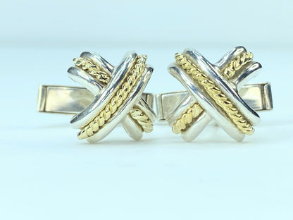 Tiffany & Co Mens X Signature Cufflinks 18k Yellow Gold Sterling Silver JR9582