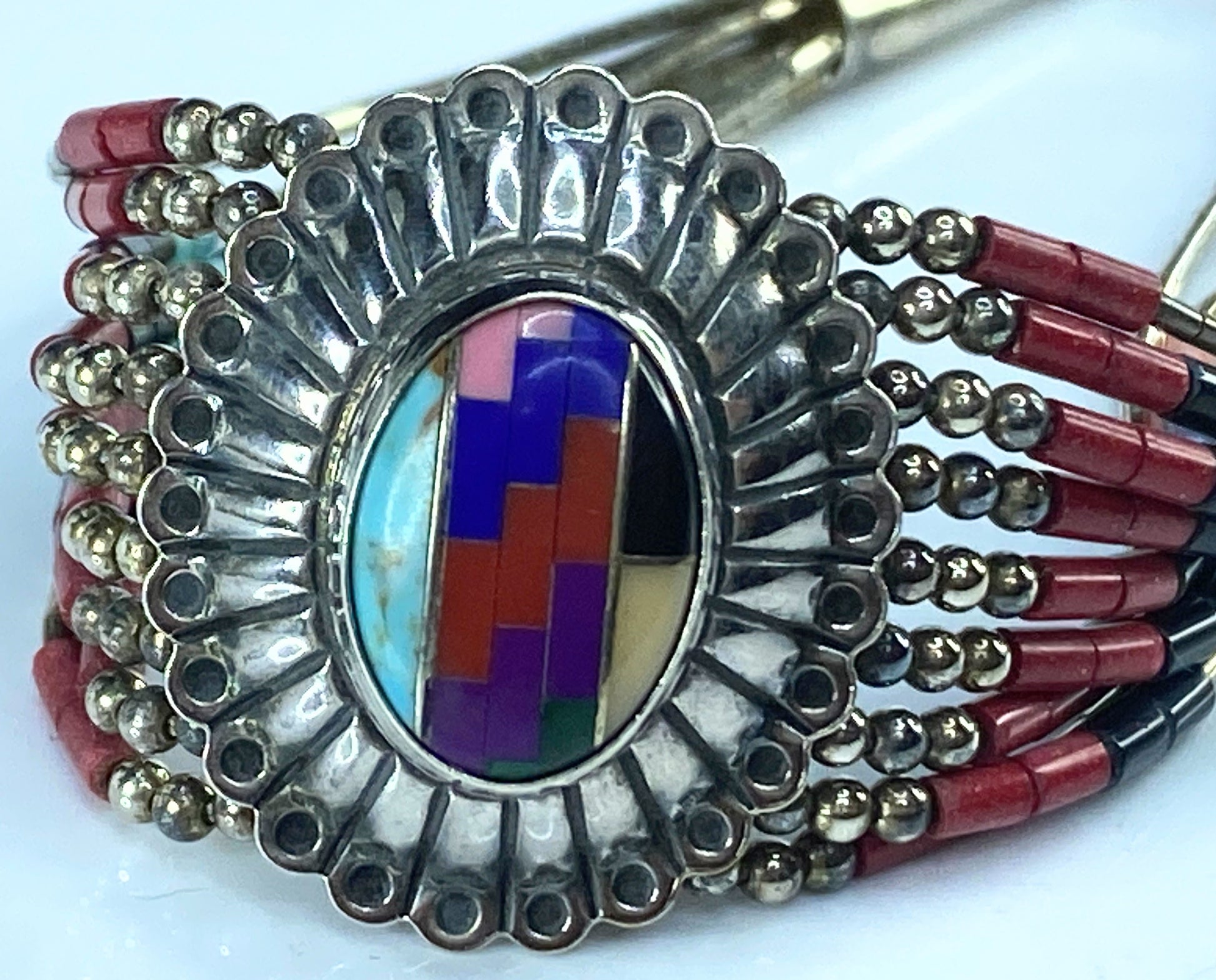 Native American Liquid silver Heishi w/ center CABA Bracelet earrings set