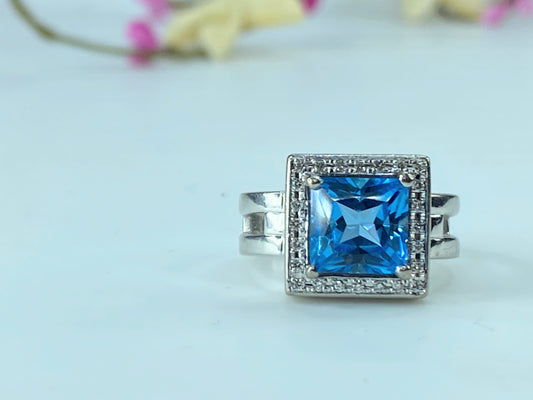 Elegant 3.3ct Cts Square Cut Blue Topaz & Diamond Cocktail Platinum ring JR102