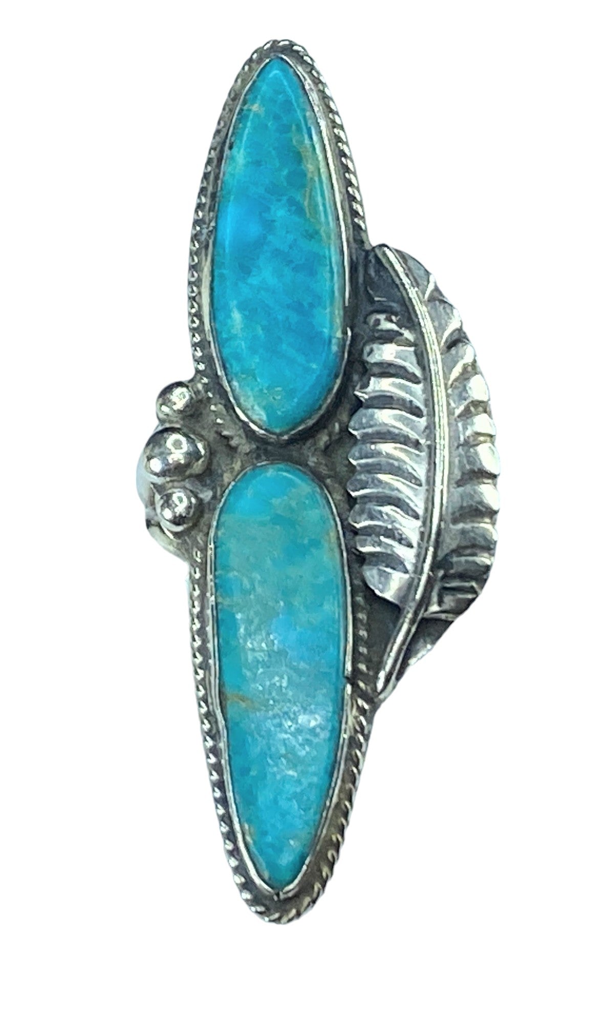 Double Oblong Blue Turquoise rope trim Feather finger runner ring