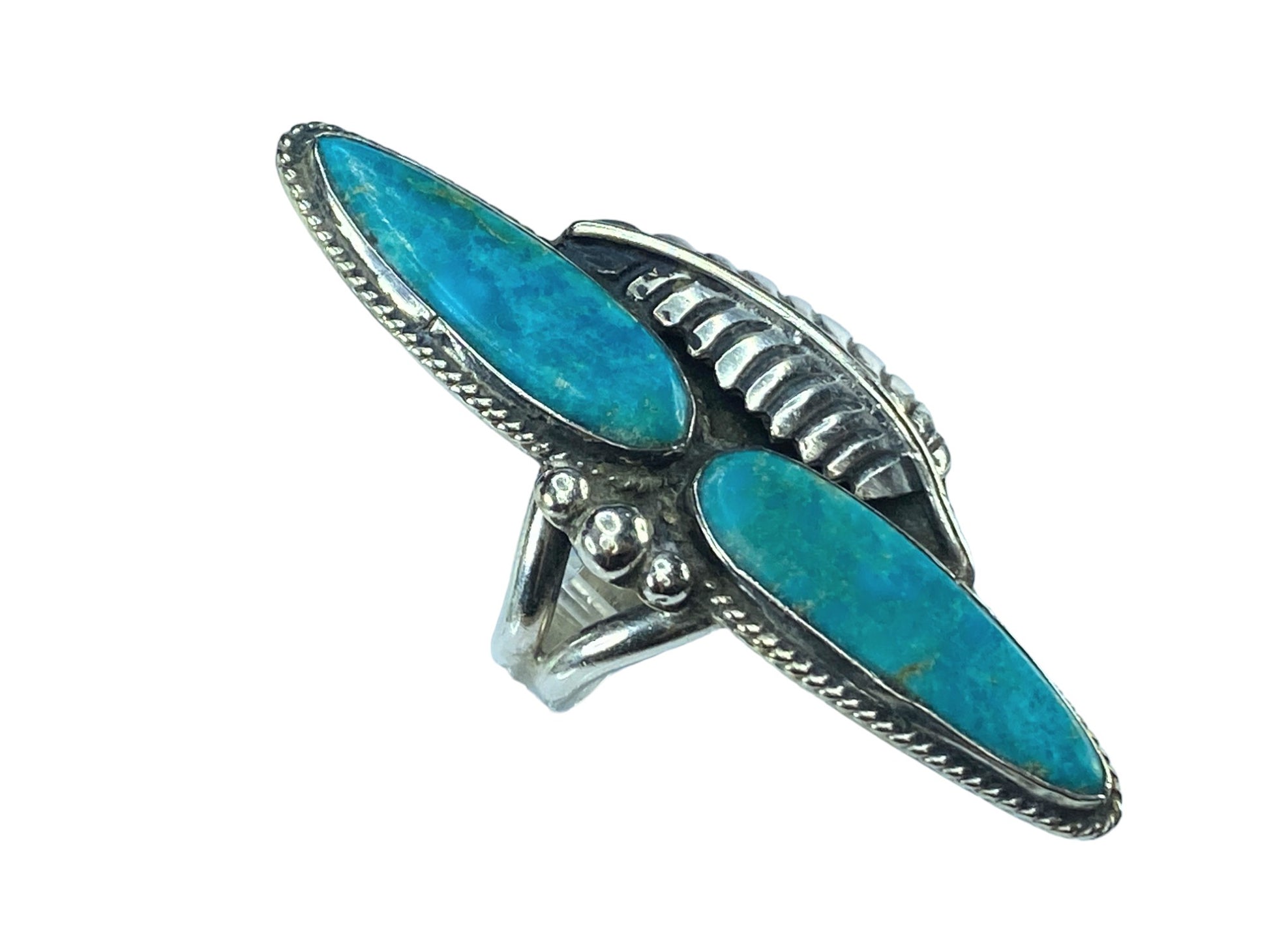 Double Oblong Blue Turquoise rope trim Feather finger runner ring