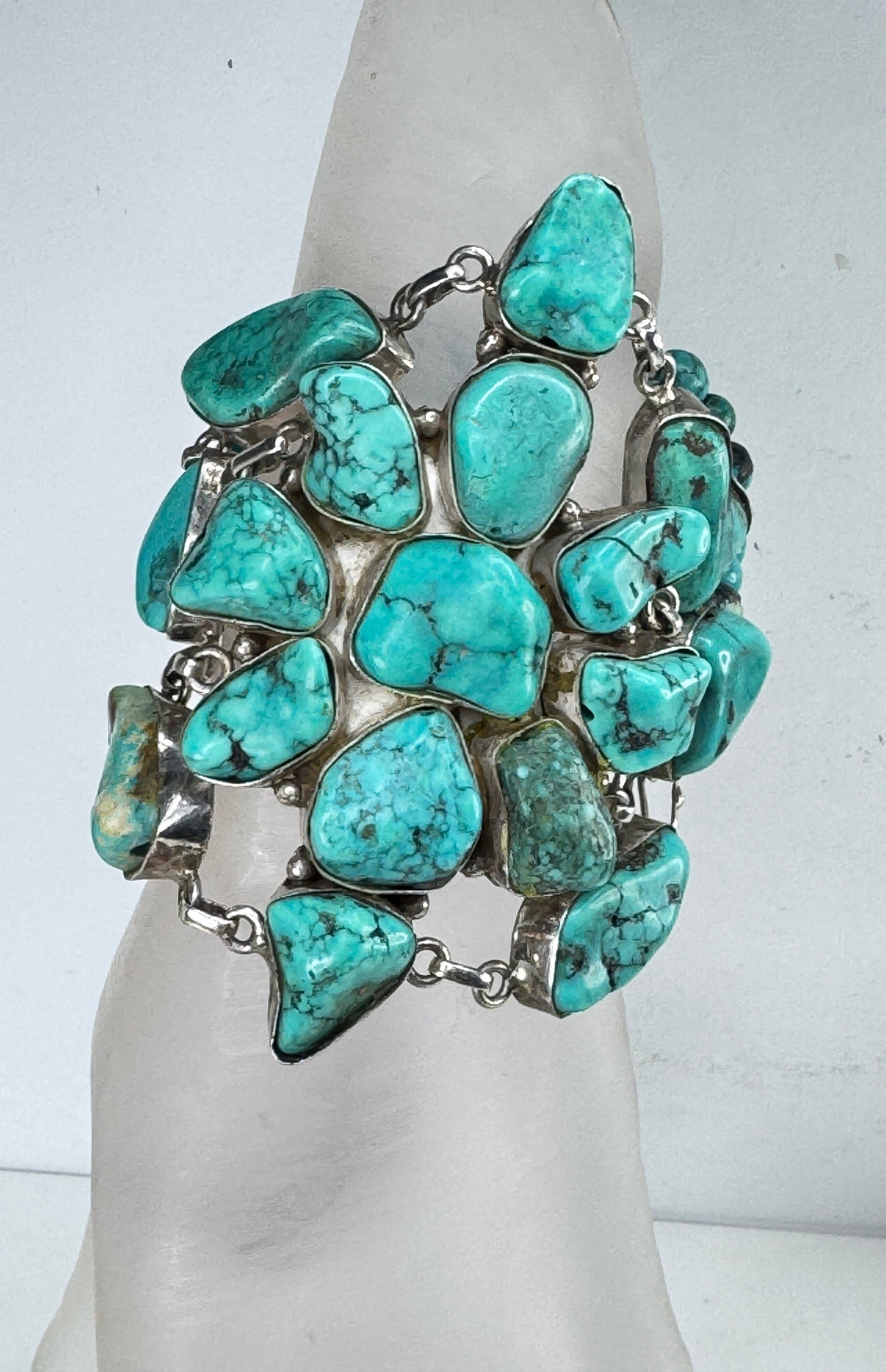 Handmade Sterling Chunky Turquoise Coral etch Statement Bracelet 88.3g 8" JR2011