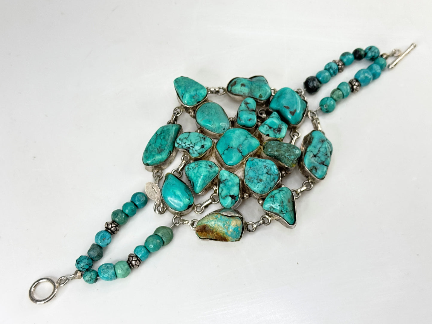 Handmade Sterling Chunky Turquoise Coral etch Statement Bracelet 88.3g 8" JR2011