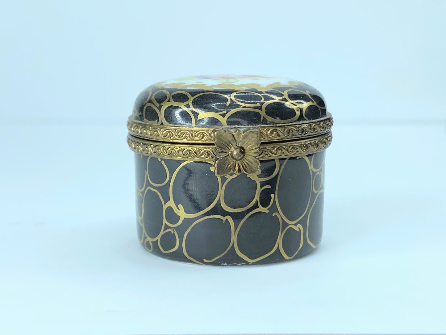 90's Navy BLue Limoges Floral gold trimmed trinket box A31