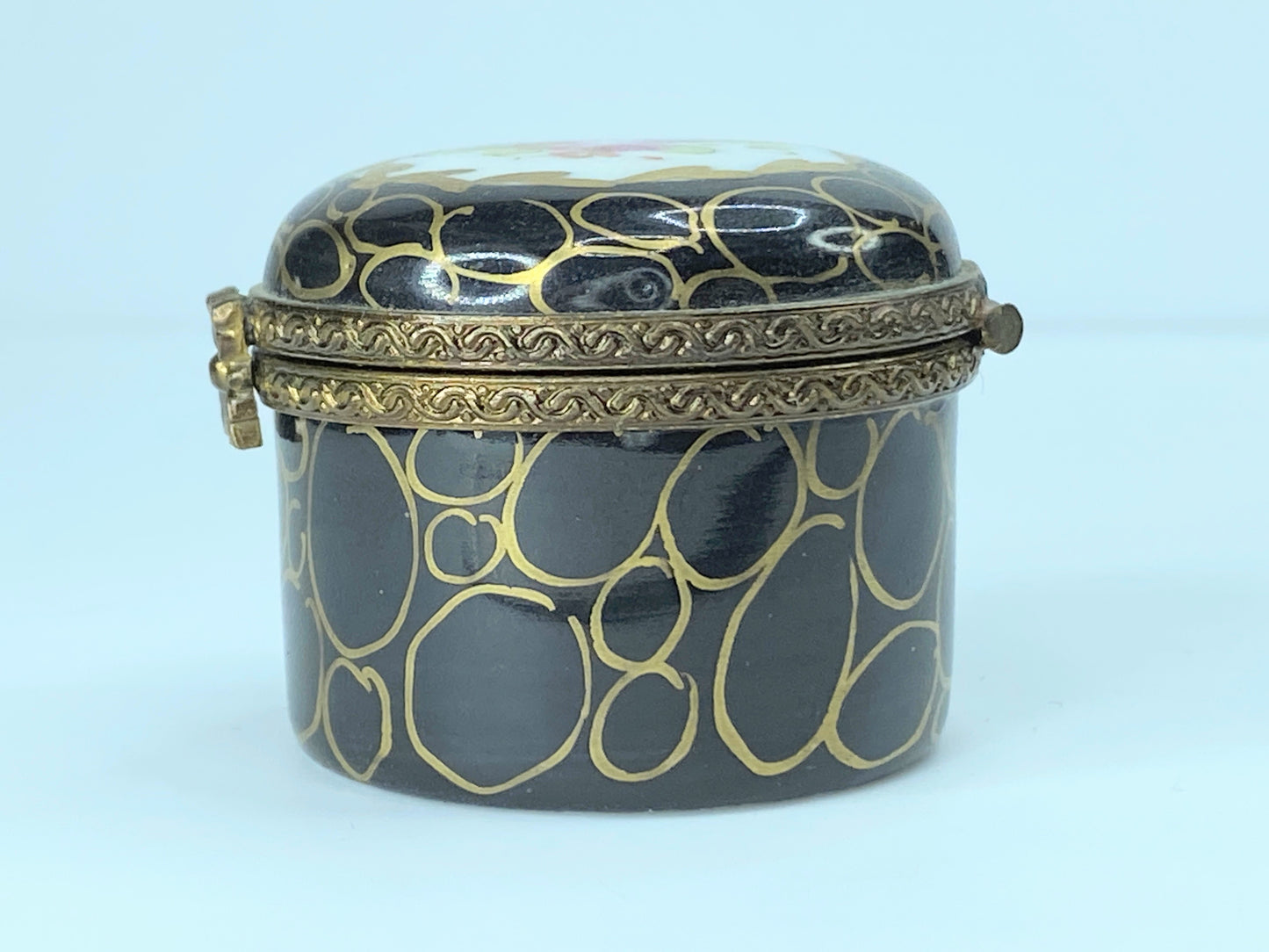 90's Navy BLue Limoges Floral gold trimmed trinket box A31