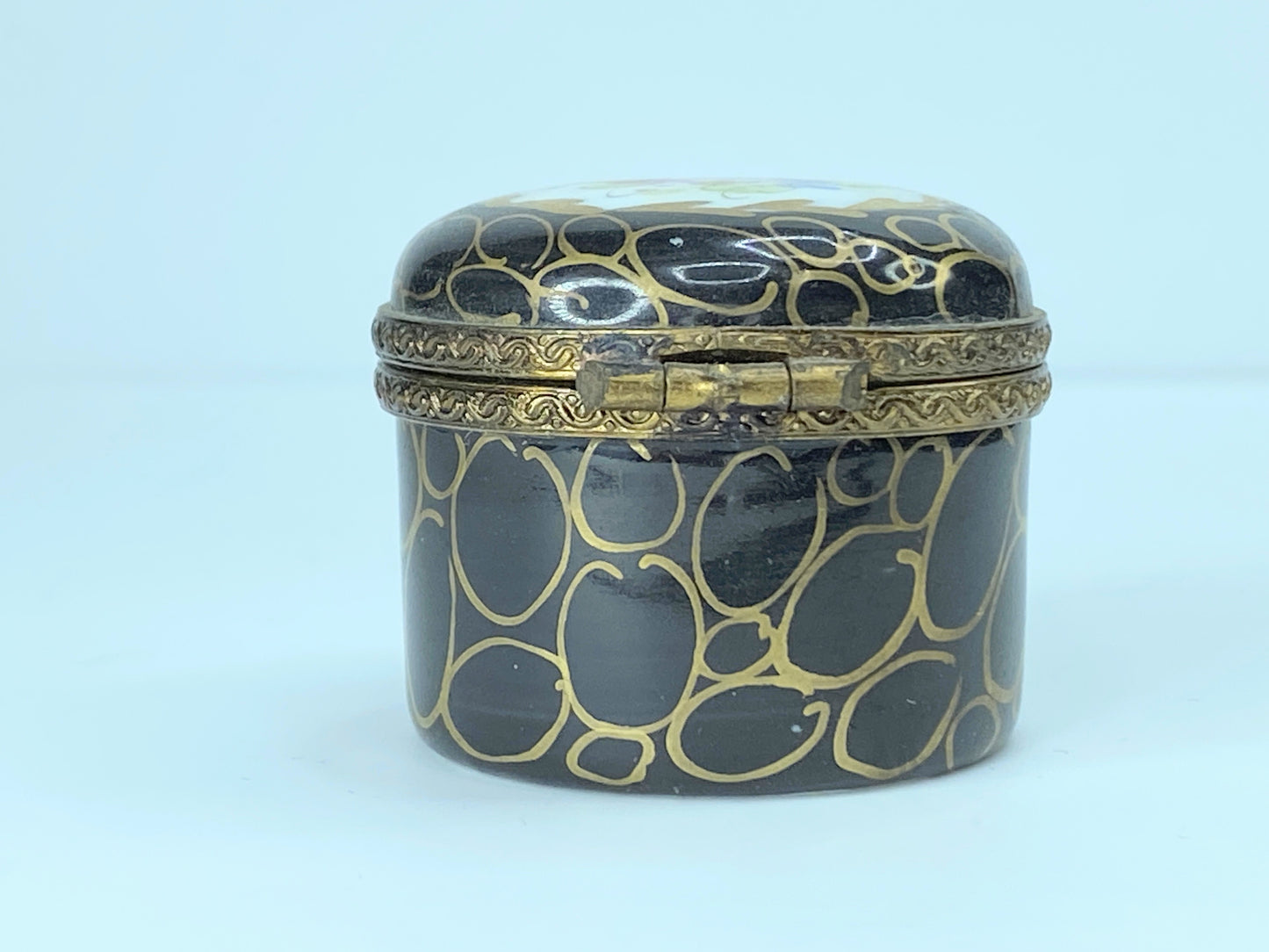 90's Navy BLue Limoges Floral gold trimmed trinket box A31