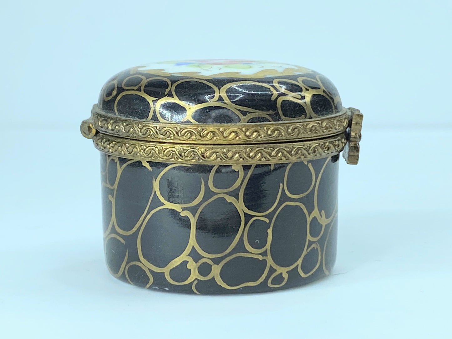 90's Navy BLue Limoges Floral gold trimmed trinket box A31