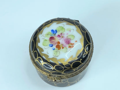 90's Navy BLue Limoges Floral gold trimmed trinket box A31