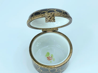 90's Navy BLue Limoges Floral gold trimmed trinket box A31