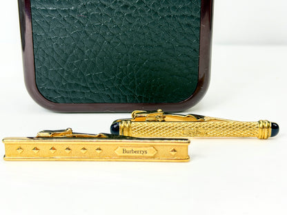 Vintage Burberrys Gold Tone Tie Clip Set Black Enamel Ends Boxed SS488
