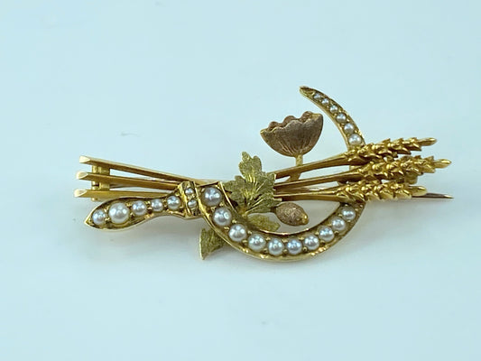 Early 20th century 10K good Seed pearls Sickle & Wheat Foliate brooch 6.4g JR107