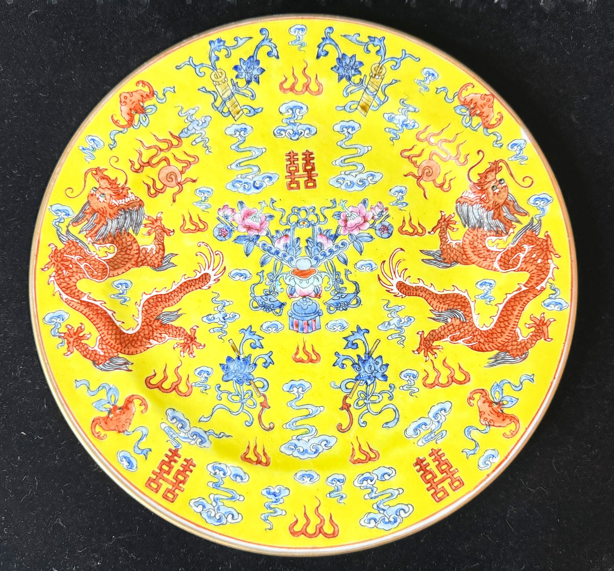 Chinese Yellow Ground Dragon Double Happiness Porcelain Plate Tongzhi Mark A1238