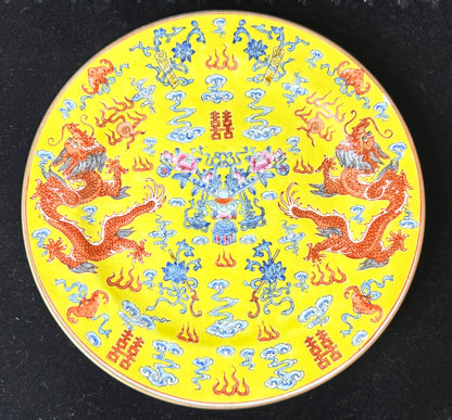 Chinese Yellow Ground Dragon Double Happiness Porcelain Plate Tongzhi Mark A1238