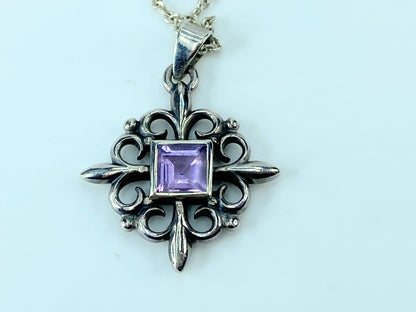 Sterling Silver Square Amethyst Cross pendant necklace 6.9g 17.5" JR111