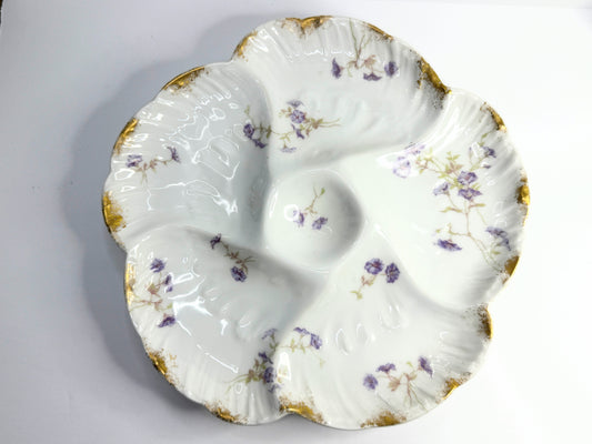 Antique Haviland Limoges oyster plate lavender morning glory gold accents A760