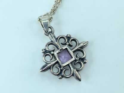 Sterling Silver Square Amethyst Cross pendant necklace 6.9g 17.5" JR111