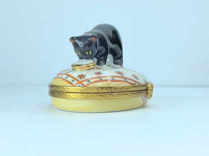 Limoges France Artoria Limited edit Black Cat enjoying milk box A37