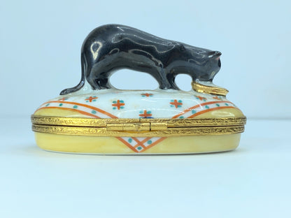 Limoges France Artoria Limited edit Black Cat enjoying milk box A37