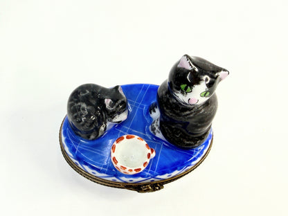 Peint Main Limoges Cat & Kitten Trinket Box Mouse Clasp Hand Painted A763