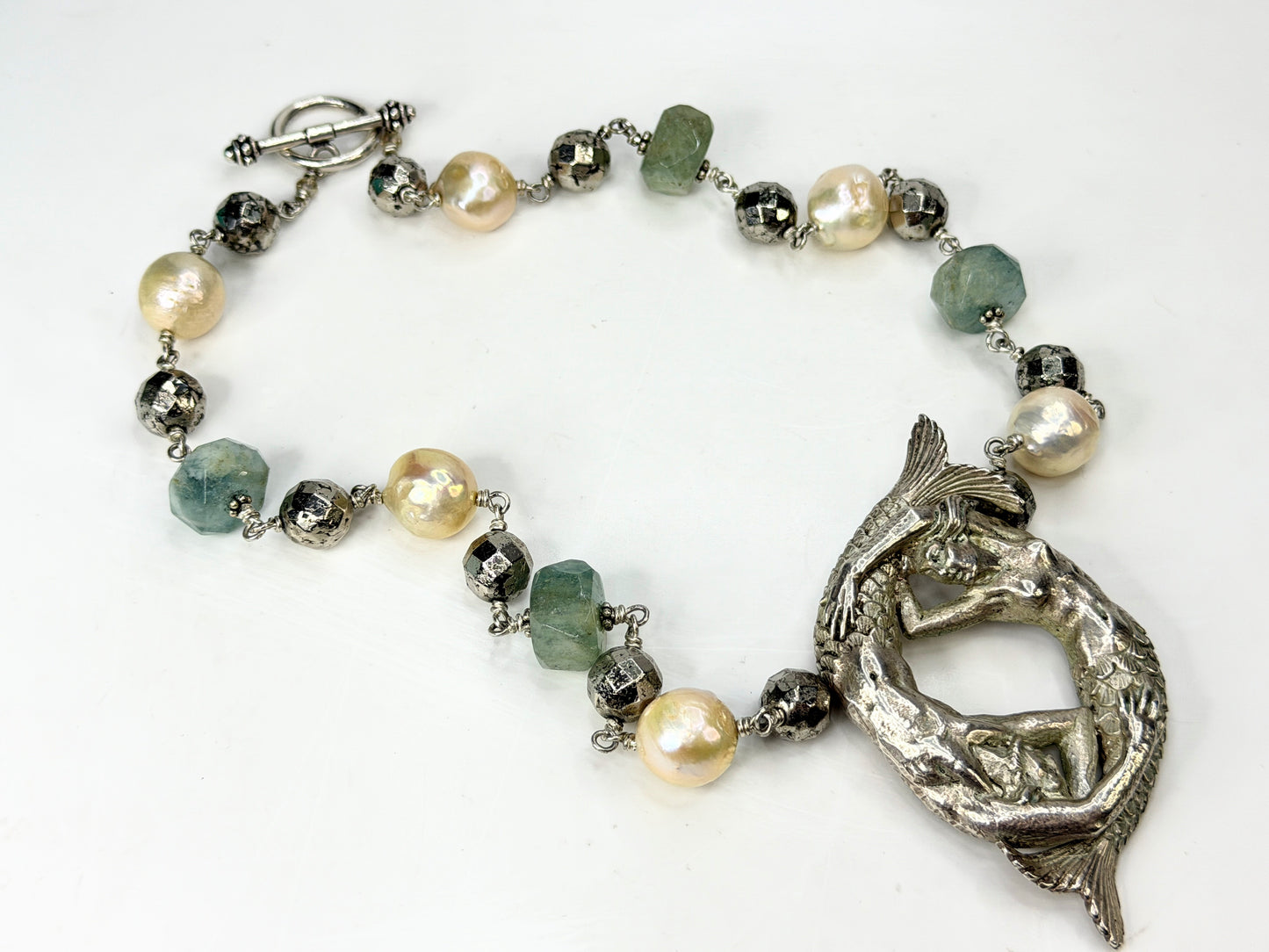 Mid-Century Handmade Sterling Mermaid Baroque Quartz Pearl Necklace 111g JR1946