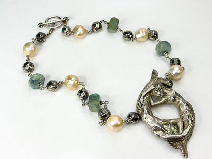 Mid-Century Handmade Sterling Mermaid Baroque Quartz Pearl Necklace 111g JR1946