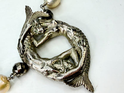 Mid-Century Handmade Sterling Mermaid Baroque Quartz Pearl Necklace 111g JR1946