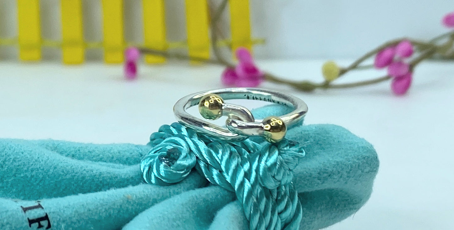 Tiffany & Co. Sterling Silver Gold Ball and Hook Bypass Ring size 7 2.6g JR744