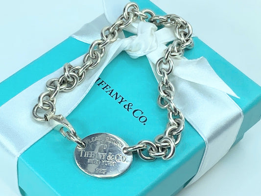 Return To Tiffany & Co Oval Tag Sterling 925  X-long 9.5" bracelet w/pouch JR745