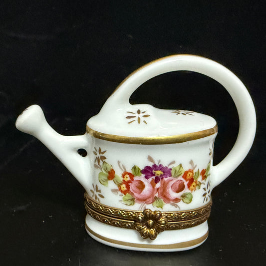 Signed Limoges Hand Painted Watering Can Porcelain Trinket Box A780