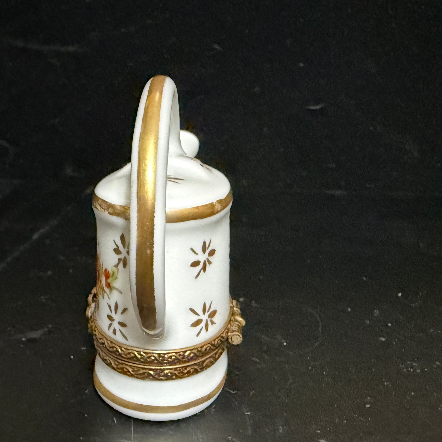 Signed Limoges Hand Painted Watering Can Porcelain Trinket Box A780