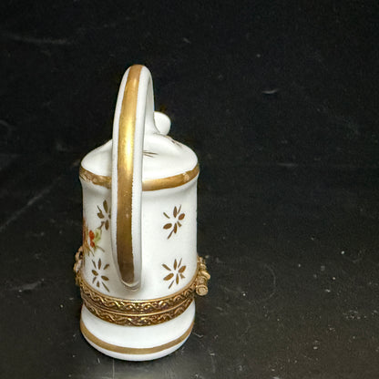 Signed Limoges Hand Painted Watering Can Porcelain Trinket Box A780