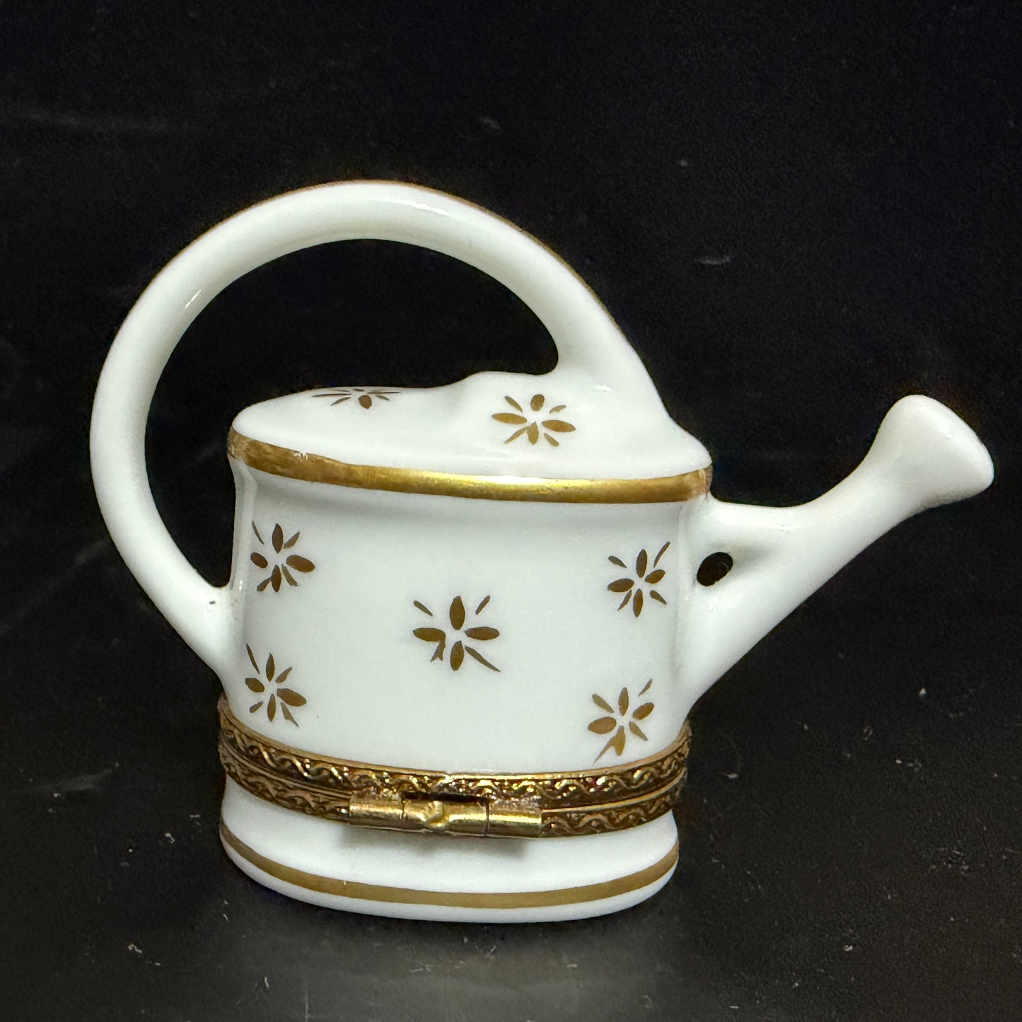 Signed Limoges Hand Painted Watering Can Porcelain Trinket Box A780