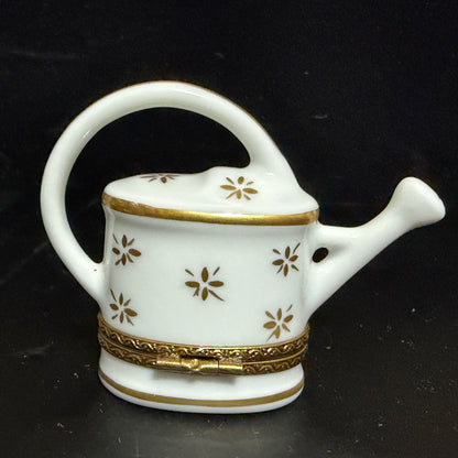 Signed Limoges Hand Painted Watering Can Porcelain Trinket Box A780