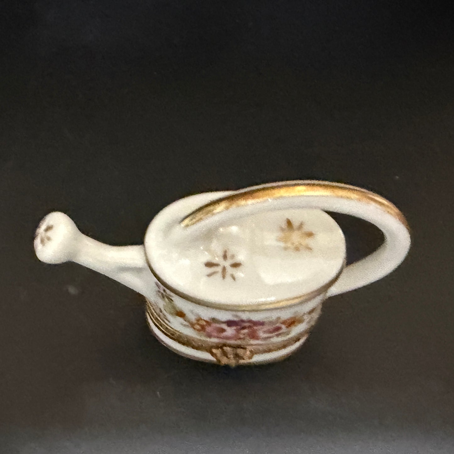 Signed Limoges Hand Painted Watering Can Porcelain Trinket Box A780