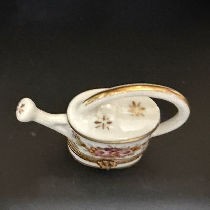 Signed Limoges Hand Painted Watering Can Porcelain Trinket Box A780