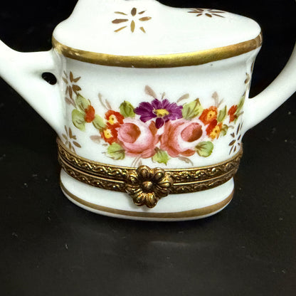 Signed Limoges Hand Painted Watering Can Porcelain Trinket Box A780