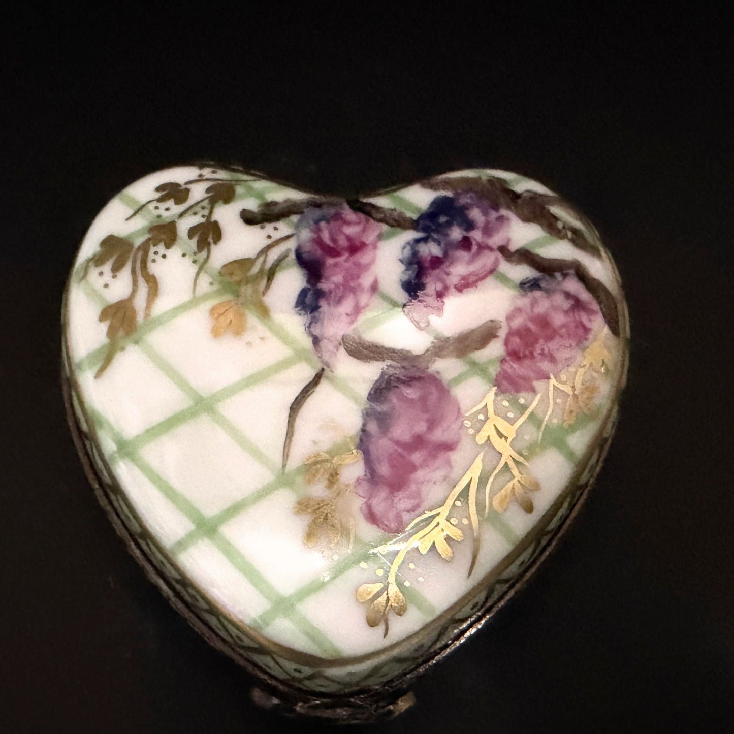 Limoges Heart Trinket Box Grapes Lattice Signed Bertrand HC A781