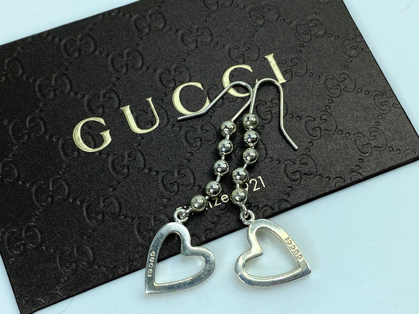 Gucci GUCCI Sterling Silver Drop Open Heart Ball chain Earrings 2 1/8" JR758