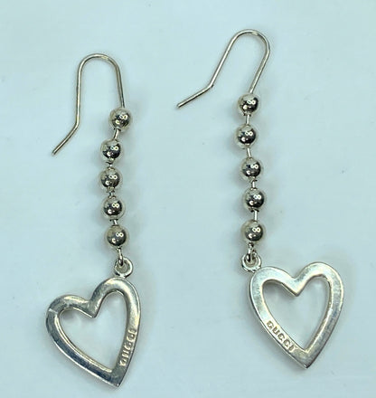 Gucci GUCCI Sterling Silver Drop Open Heart Ball chain Earrings 2 1/8" JR758