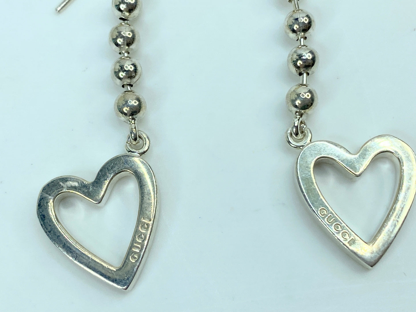 Gucci GUCCI Sterling Silver Drop Open Heart Ball chain Earrings 2 1/8" JR758