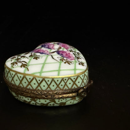 Limoges Heart Trinket Box Grapes Lattice Signed Bertrand HC A781