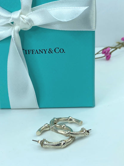 Tiffany & Co Sterling Silver textured Bamboo Earrings Hoops 1 1/8" JR750