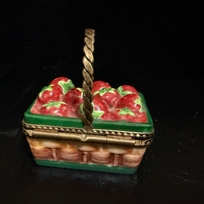 Delightful Strawberry Basket Limoges Box, Hand-Painted with Handle A783