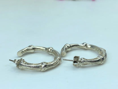 Tiffany & Co Sterling Silver textured Bamboo Earrings Hoops 1 1/8" JR750